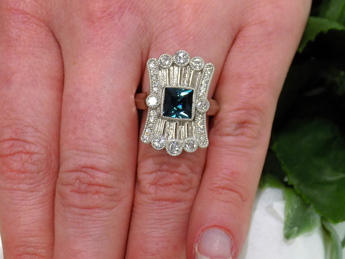 1.78ct Rare Vintage Custom Made Indicolite Tourmaline & Diamond Ring in 14K White Gold - Very Victorian Style - Like Brand NEW!