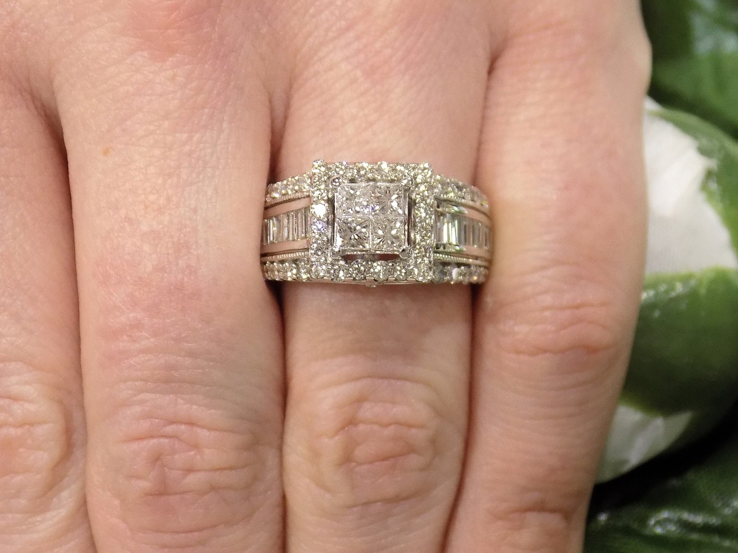 Women's 2ct TW Natural Princess Cut, Baguette & Round Diamond Ring in Solid 14K White Gold