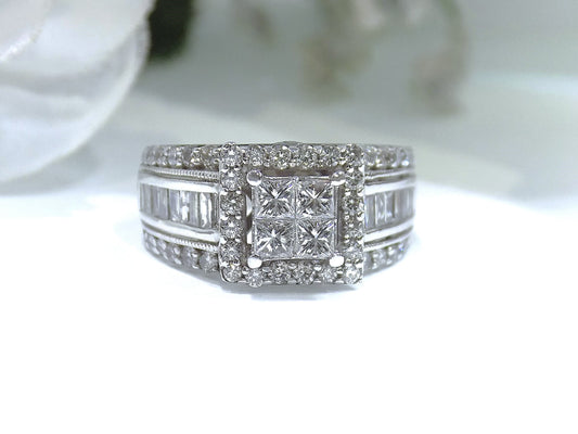 Women's 2ct TW Natural Princess Cut, Baguette & Round Diamond Ring in Solid 14K White Gold