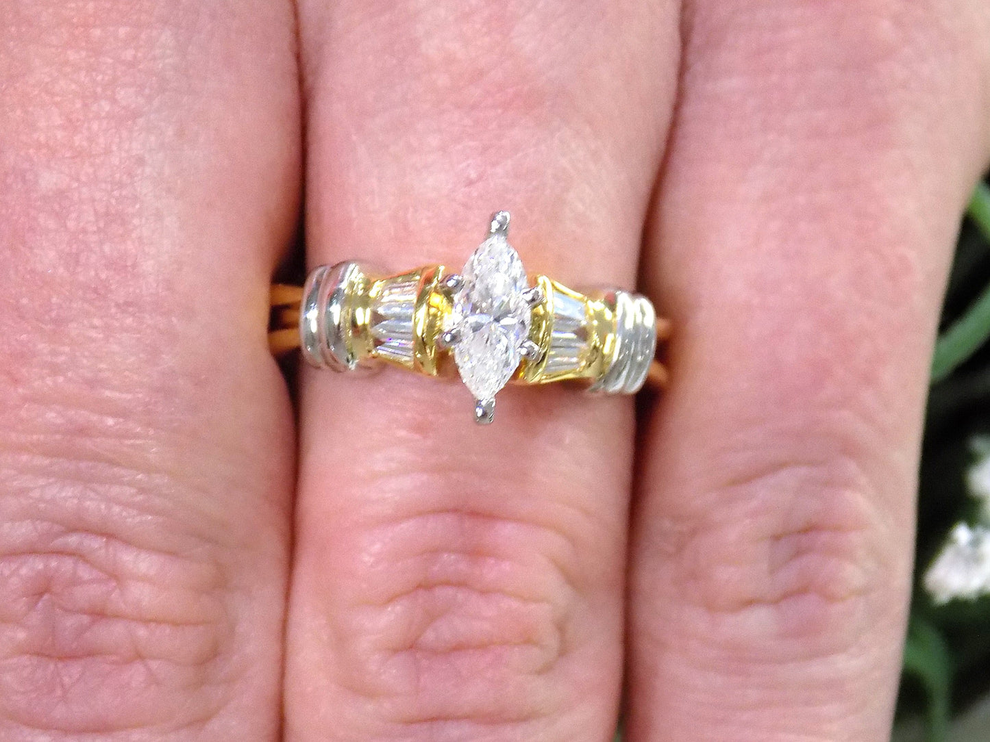 .80ct TW Natural Marquise Shape & Baguette Diamond Ring with a .44ct Marquise Center and .36ct in Baguette Diamonds set in 18K & Platinum 2-Tone Mounting