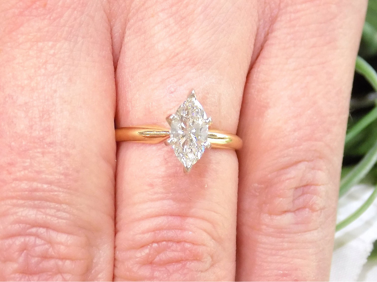 .90ct Natural Marquise Shape Diamond Solitaire (looks like 1ct) in 14K Yellow Gold Tiffany Style Mounting with White Gold Head
