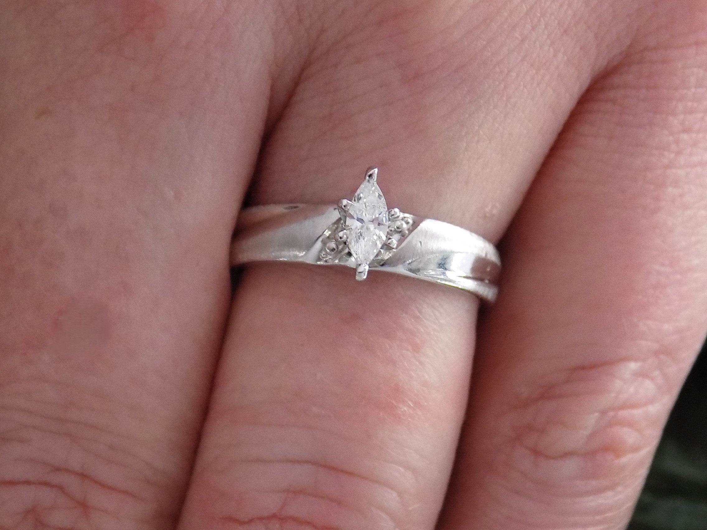 ESTATE .25ct Natural Marquise Shape Diamond Solitaire Engagement or Promise Ring on 10K White Gold Designed Band