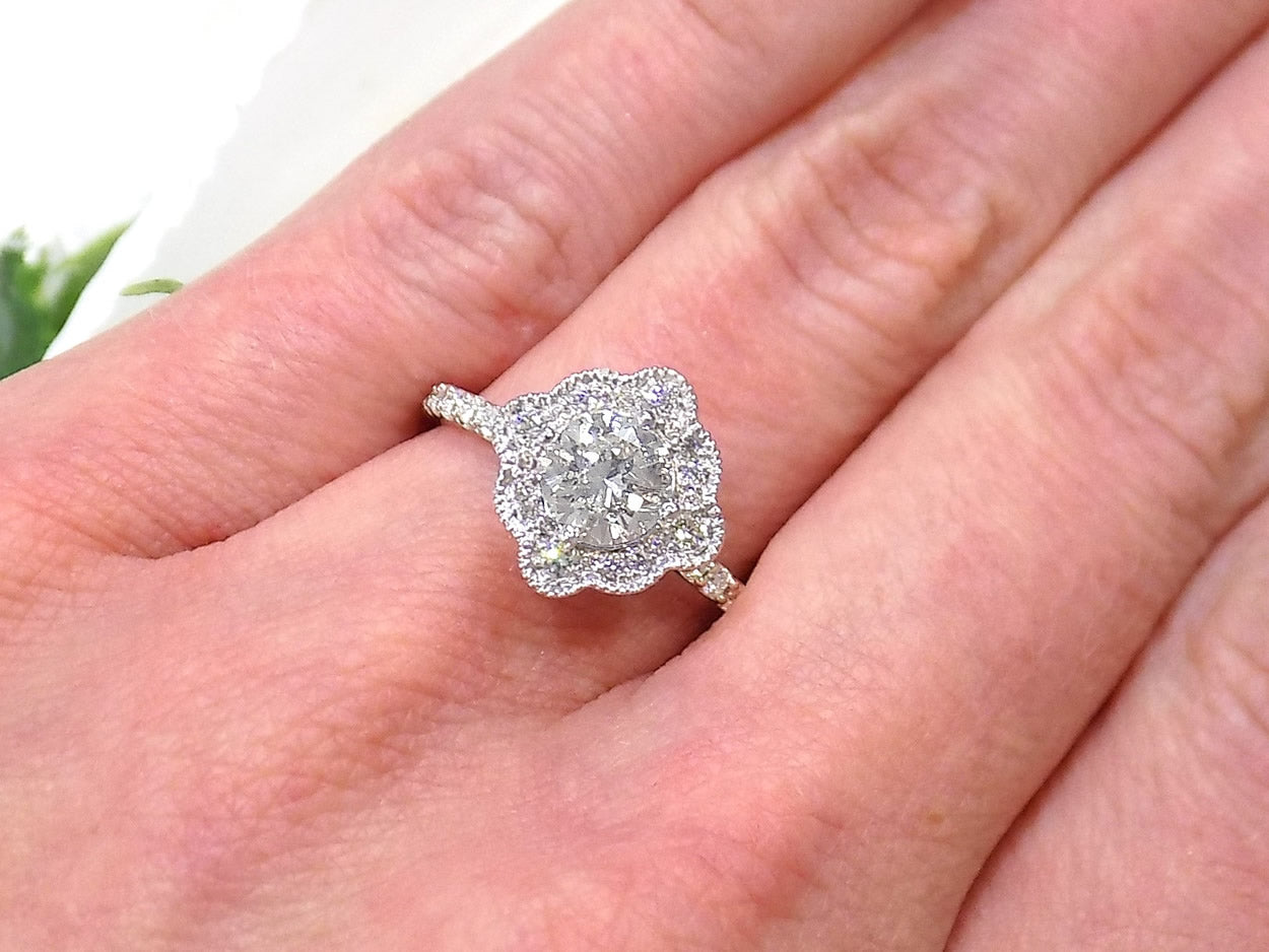 1.25ct Natural Round Diamond Engagement Ring in 14K White Gold - Unique Halo Design