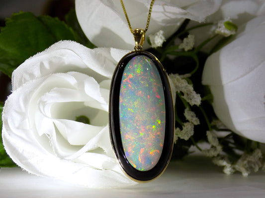 15.39ct Natural High Quality Opal Pendant or Necklace Inlaid into Black Onyx and Set in 14K Yellow Gold