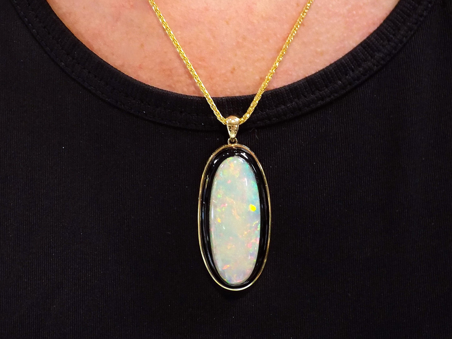 15.39ct Natural High Quality Opal Pendant or Necklace Inlaid into Black Onyx and Set in 14K Yellow Gold