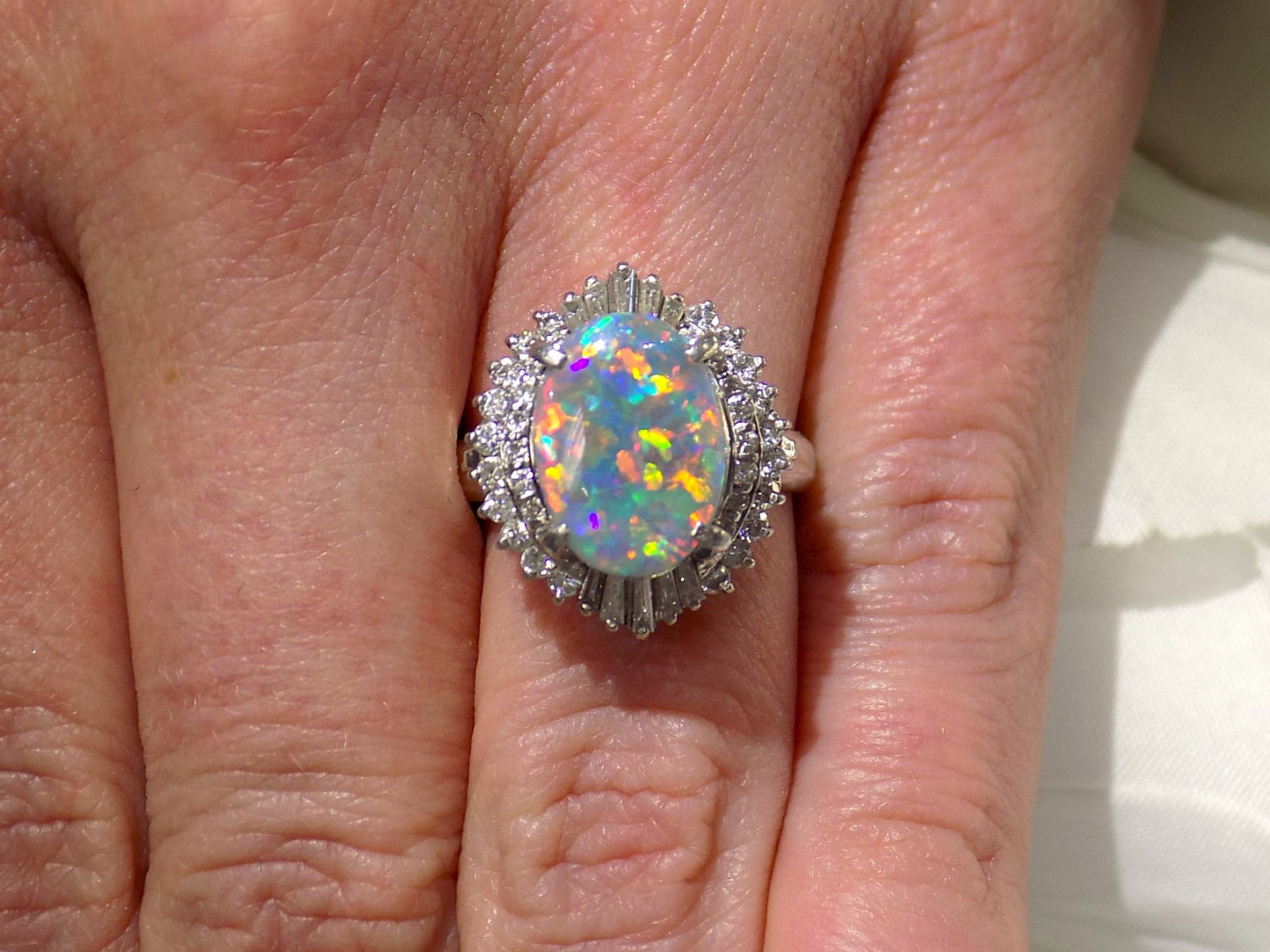 3.32ct TW Genuine Natural Opal from Lightning Ridge Australia with Natural Baguette & Round Diamond Accents in 14K White Gold