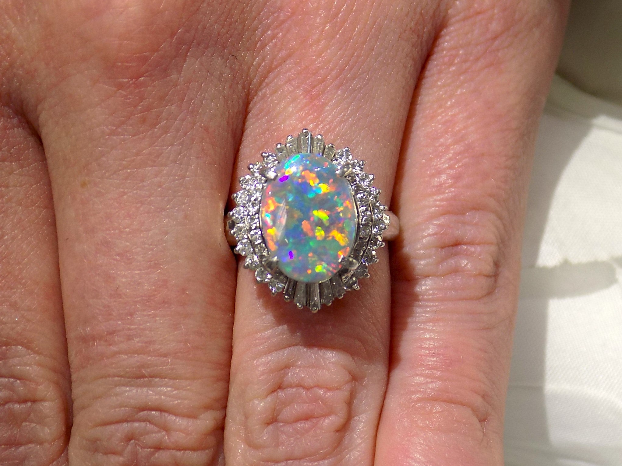 3.32ct TW Genuine Natural Opal from Lightning Ridge Australia with Natural Baguette & Round Diamond Accents in 14K White Gold