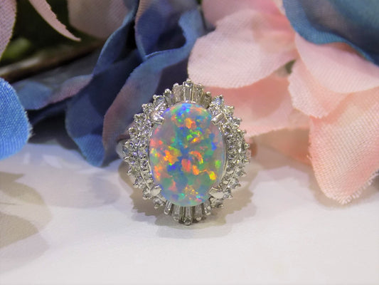 3.32ct TW Genuine Natural Opal from Lightning Ridge Australia with Natural Baguette & Round Diamond Accents in 14K White Gold