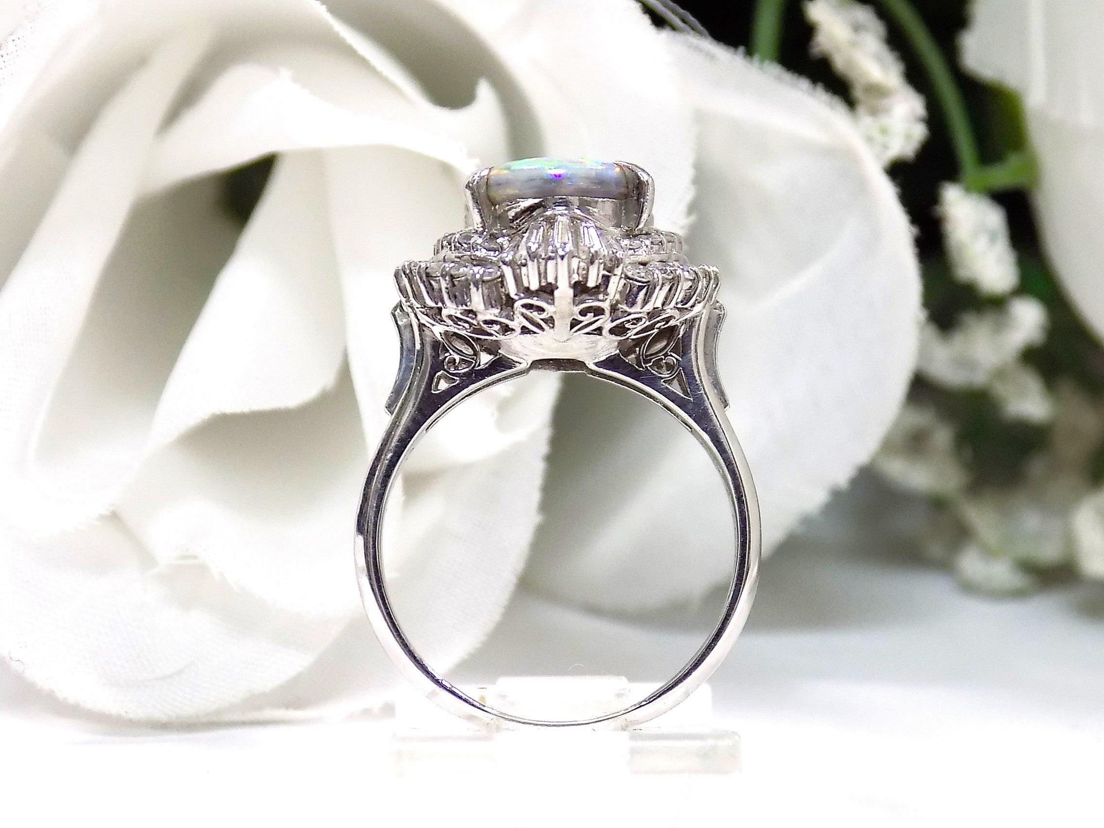 3.32ct TW Genuine Natural Opal from Lightning Ridge Australia with Natural Baguette & Round Diamond Accents in 14K White Gold