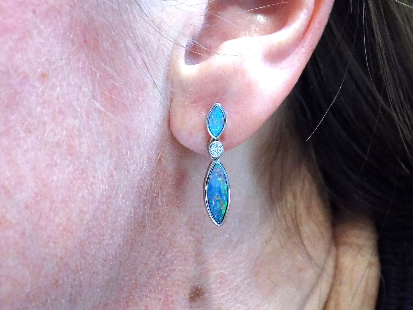 Ladies' 1.50ct TW Natural Boulder Opal & Diamond Dangle Earrings in 14K White Gold