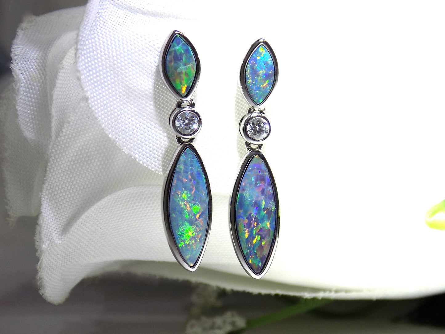Ladies' 1.50ct TW Natural Boulder Opal & Diamond Dangle Earrings in 14K White Gold