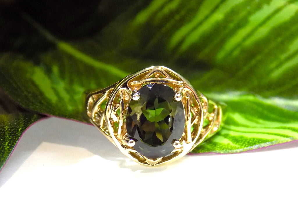 Women's 1.70ct Natural Oval Shape Green Tourmaline Filigree Style Solitaire Ring in 10K Yellow Gold