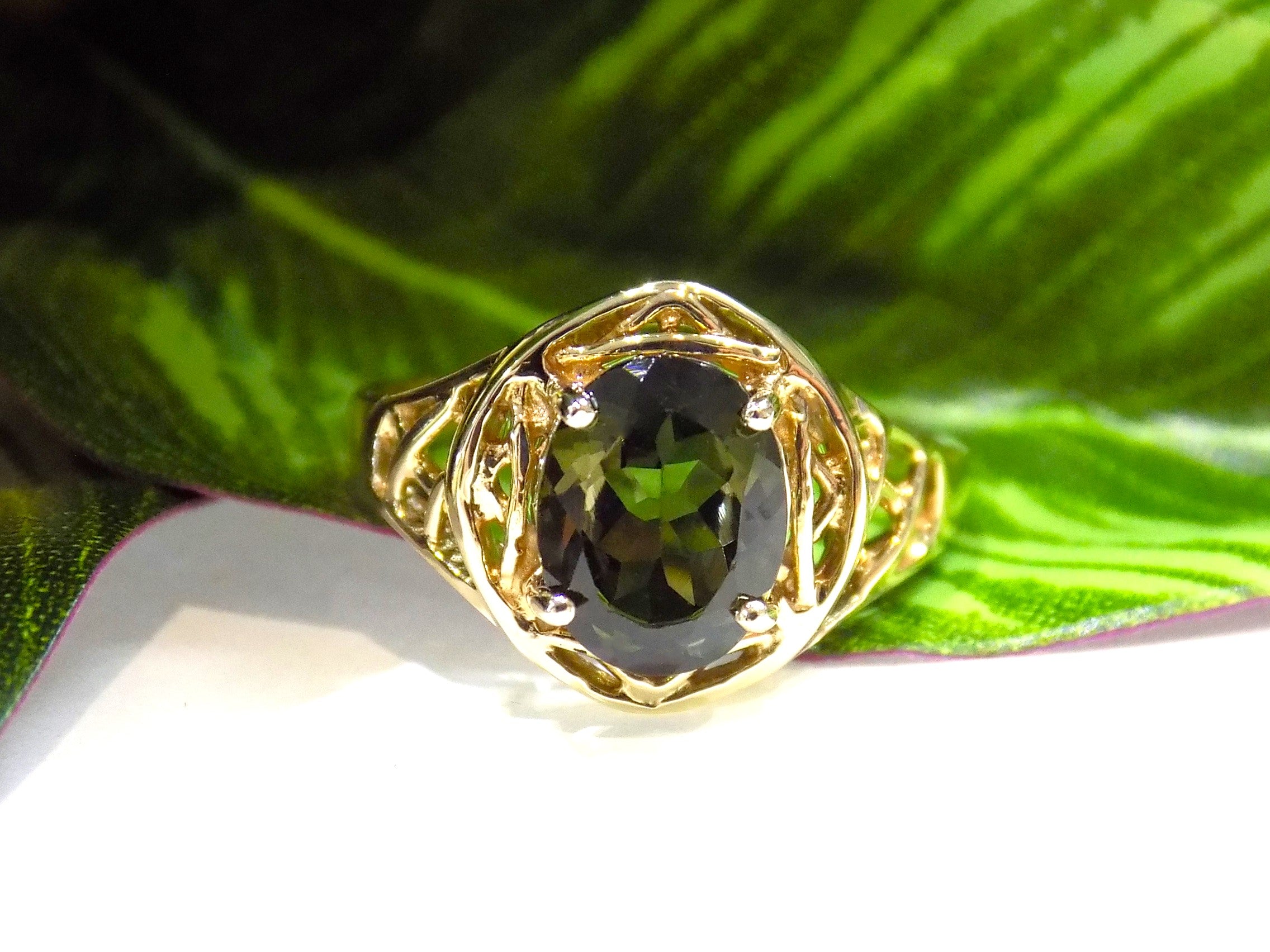 Women's 1.70ct Natural Oval Shape Green Tourmaline Filigree Style Solitaire Ring in 10K Yellow Gold