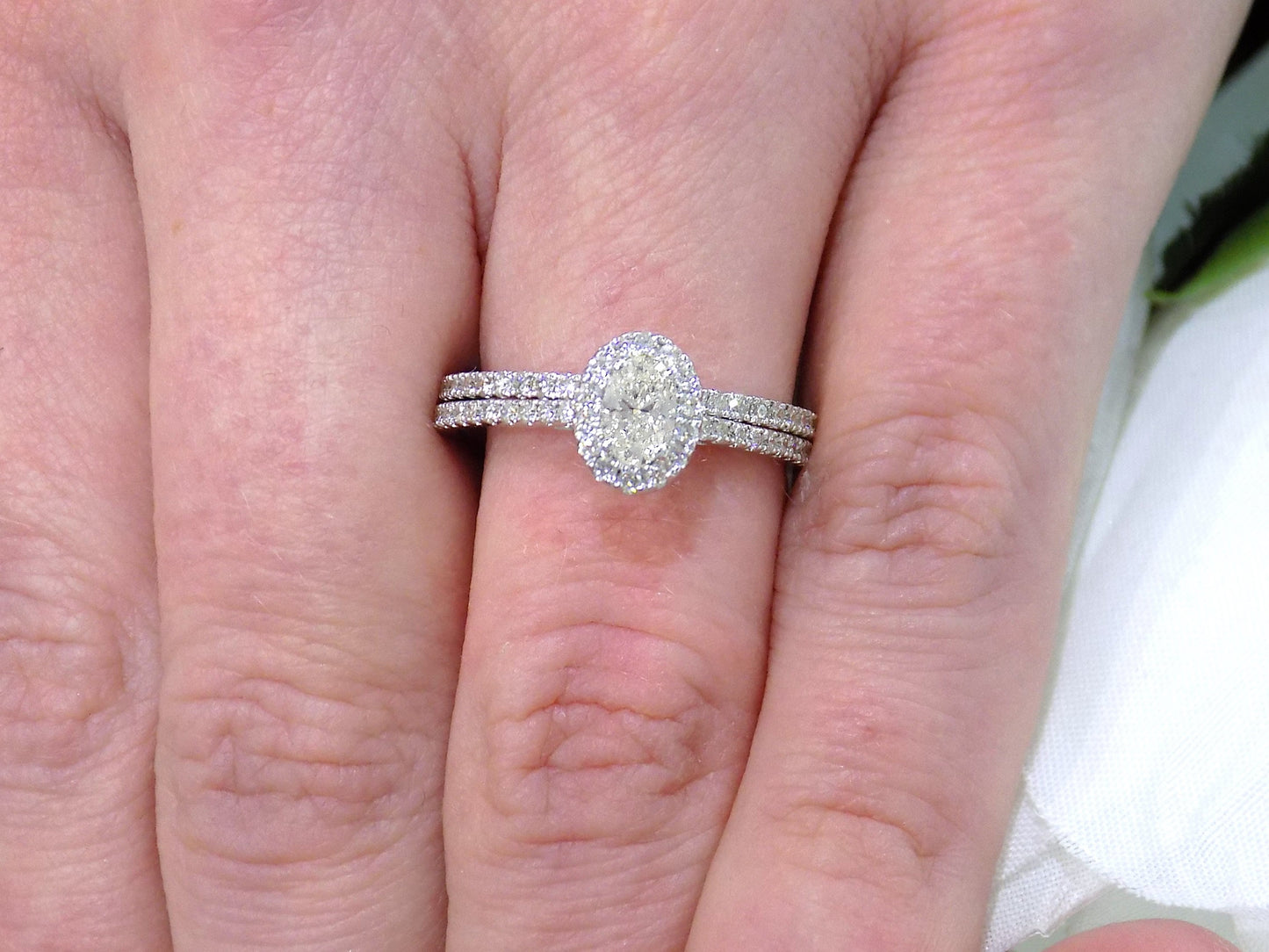 .73ct TW 2-Piece Halo Style Natural Oval Shape Diamond Wedding Set with .31ct Center Oval Diamond in Solid 14K White Gold - Straight Line/Halo Style with Matching Band