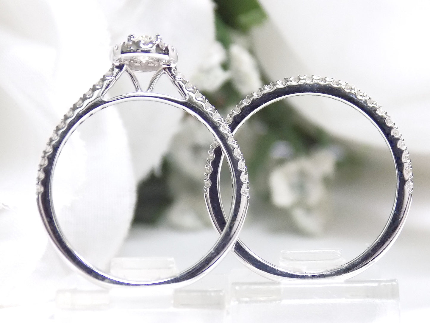 .73ct TW 2-Piece Halo Style Natural Oval Shape Diamond Wedding Set with .31ct Center Oval Diamond in Solid 14K White Gold - Straight Line/Halo Style with Matching Band