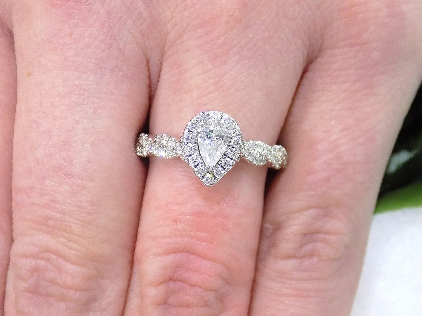 .82ct TW Halo Style Natural Pear Shape Diamond Engagement Ring with .31ct Center Pear in Solid 14K White Gold with Infinity Style Band