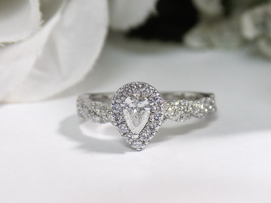 .82ct TW Halo Style Natural Pear Shape Diamond Engagement Ring with .31ct Center Pear in Solid 14K White Gold with Infinity Style Band