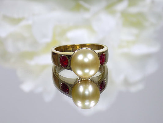 Custom Vintage Pearl & Ruby Ring in 18K Yellow Gold - 9mm Pearl with .50ct in Nice Genuine Rubies - Like NEW!