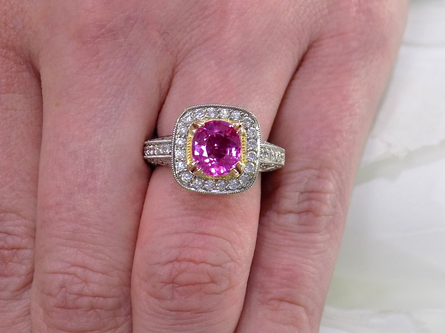 NEW Very Fine 3.07ct TW Natural Cushion/Oval Cut Pink Sapphire & Diamond Ring in 18K White & Yellow Gold 2-Tone