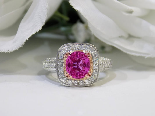 NEW Very Fine 3.07ct TW Natural Cushion/Oval Cut Pink Sapphire & Diamond Ring in 18K White & Yellow Gold 2-Tone
