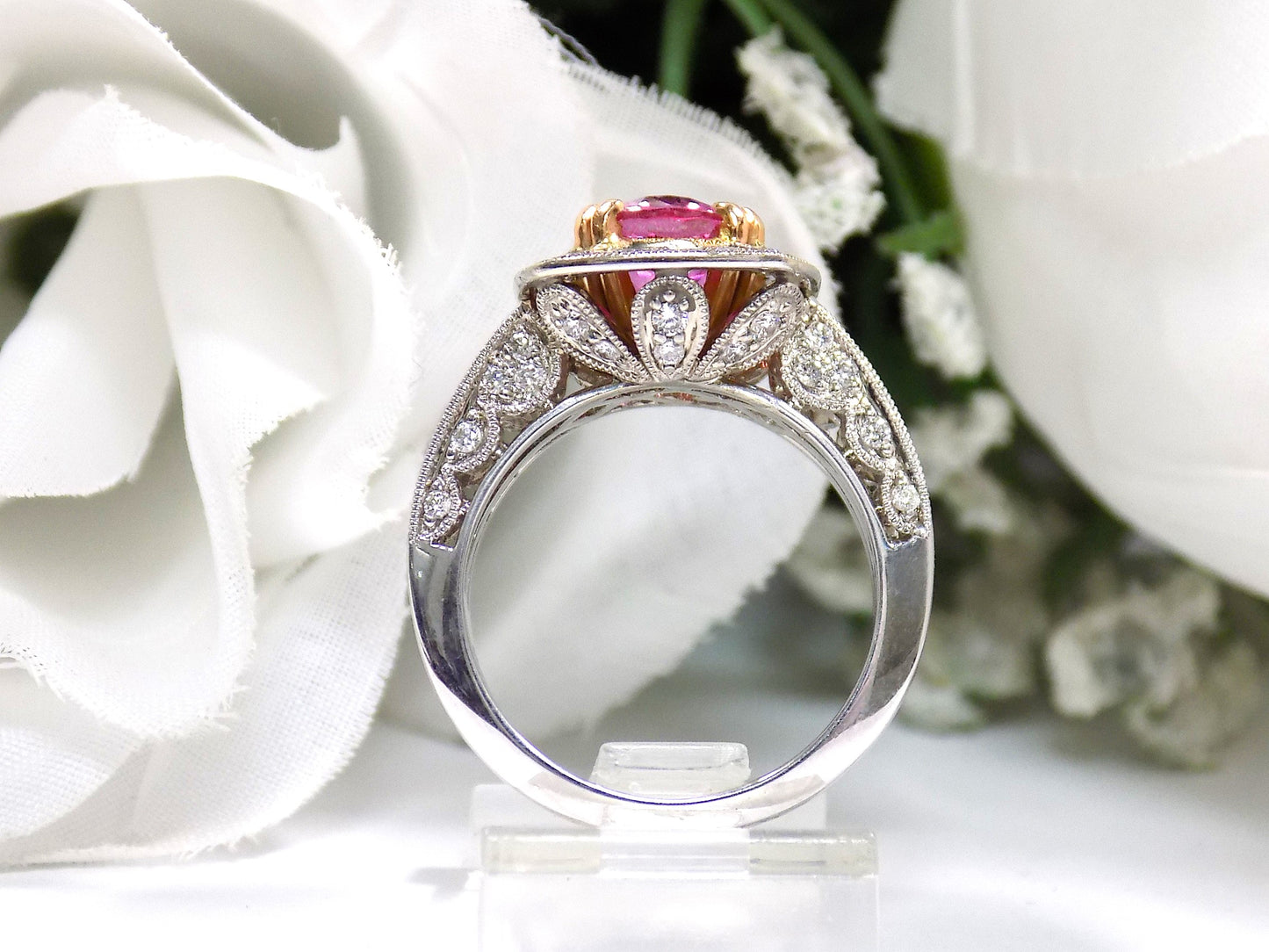 NEW Very Fine 3.07ct TW Natural Cushion/Oval Cut Pink Sapphire & Diamond Ring in 18K White & Yellow Gold 2-Tone