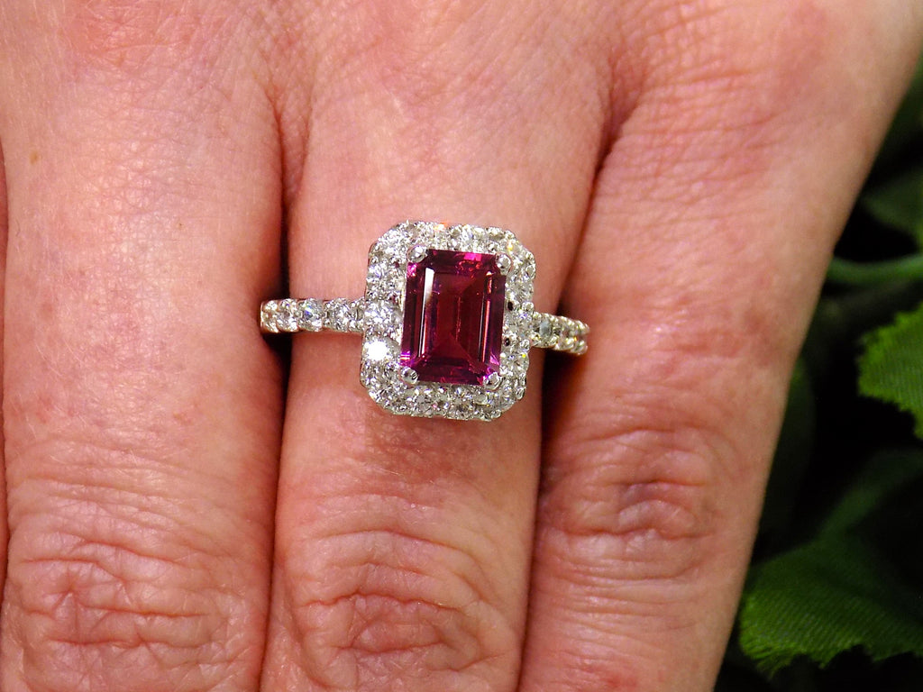 Women's 2.15ct TW  Natural Emerald Cut Pink Tourmaline & Diamond Ring in Solid 14K White Gold