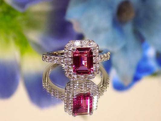 Women's 2.15ct TW  Natural Emerald Cut Pink Tourmaline & Diamond Ring in Solid 14K White Gold