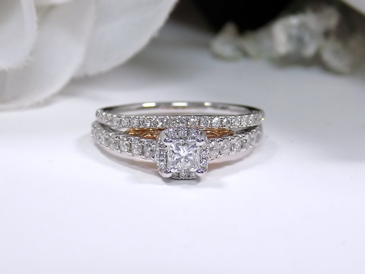 Women's .88ct TW 2-Piece Halo Natural Princess Cut Diamond Wedding Set with Engagement Ring plus Matching Band in 14K White Gold
