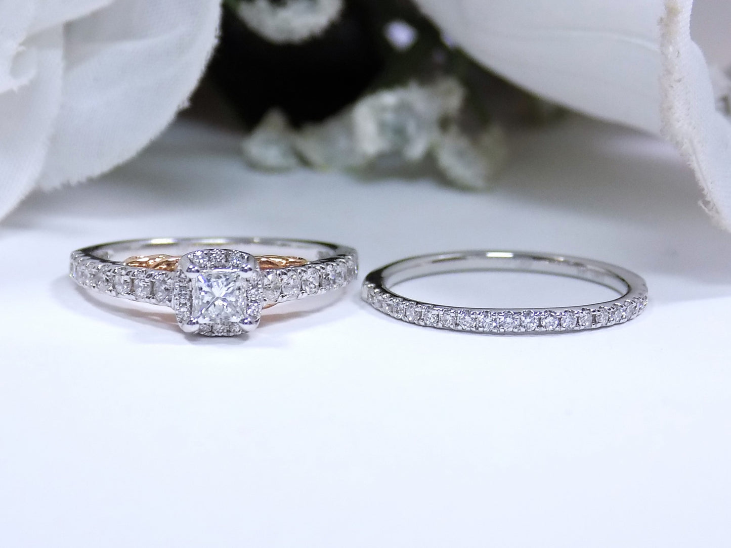 Women's .88ct TW 2-Piece Halo Natural Princess Cut Diamond Wedding Set with Engagement Ring plus Matching Band in 14K White Gold
