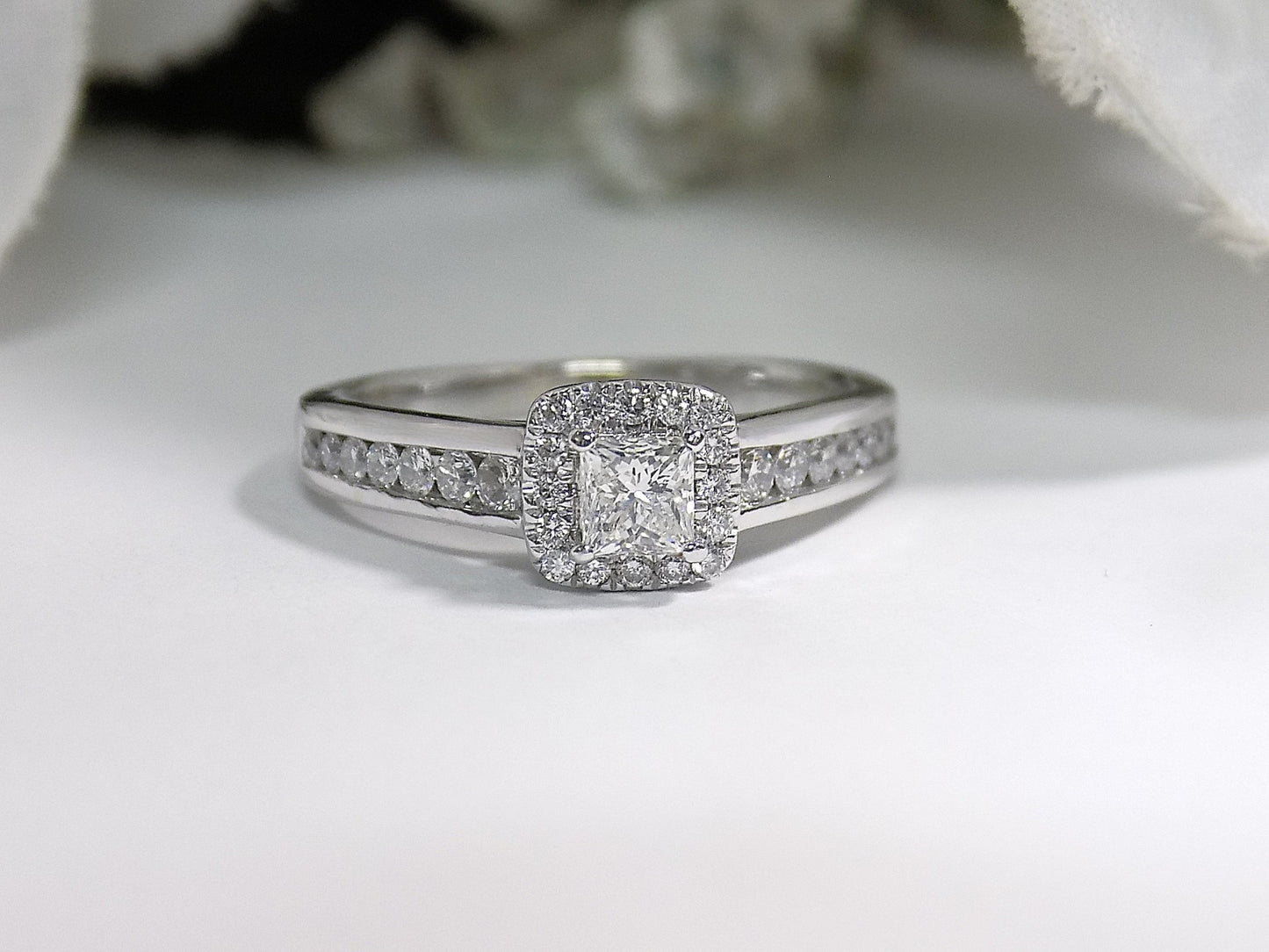 .50ct TW Halo Style Natural Princess Cut Diamond Engagement Ring in Solid 14K White Gold
