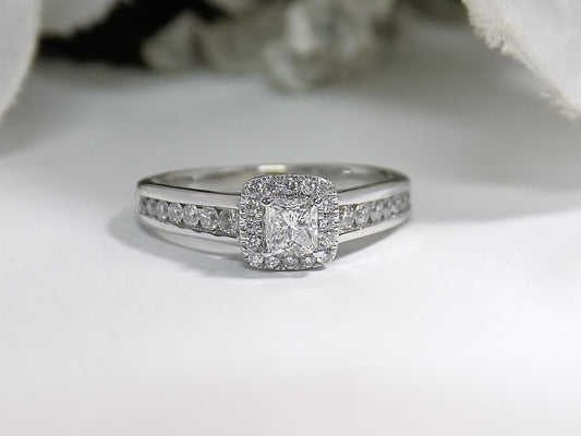 .50ct TW Halo Style Natural Princess Cut Diamond Engagement Ring in Solid 14K White Gold