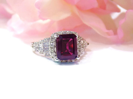 Women's 3.95ct TW Natural Emerald Cut Rhodalite Garnet Ring with Natural Diamond Accents in 14K White Gold