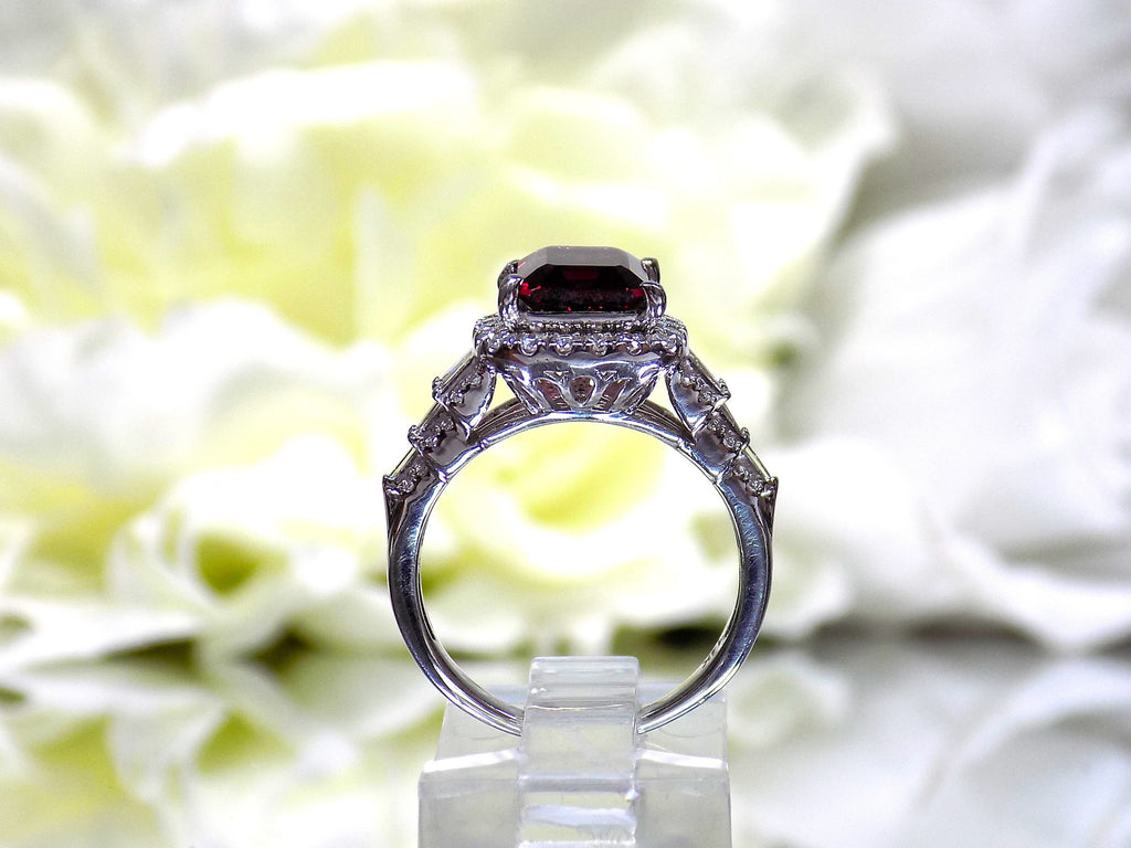 Women's 3.95ct TW Natural Emerald Cut Rhodalite Garnet Ring with Natural Diamond Accents in 14K White Gold