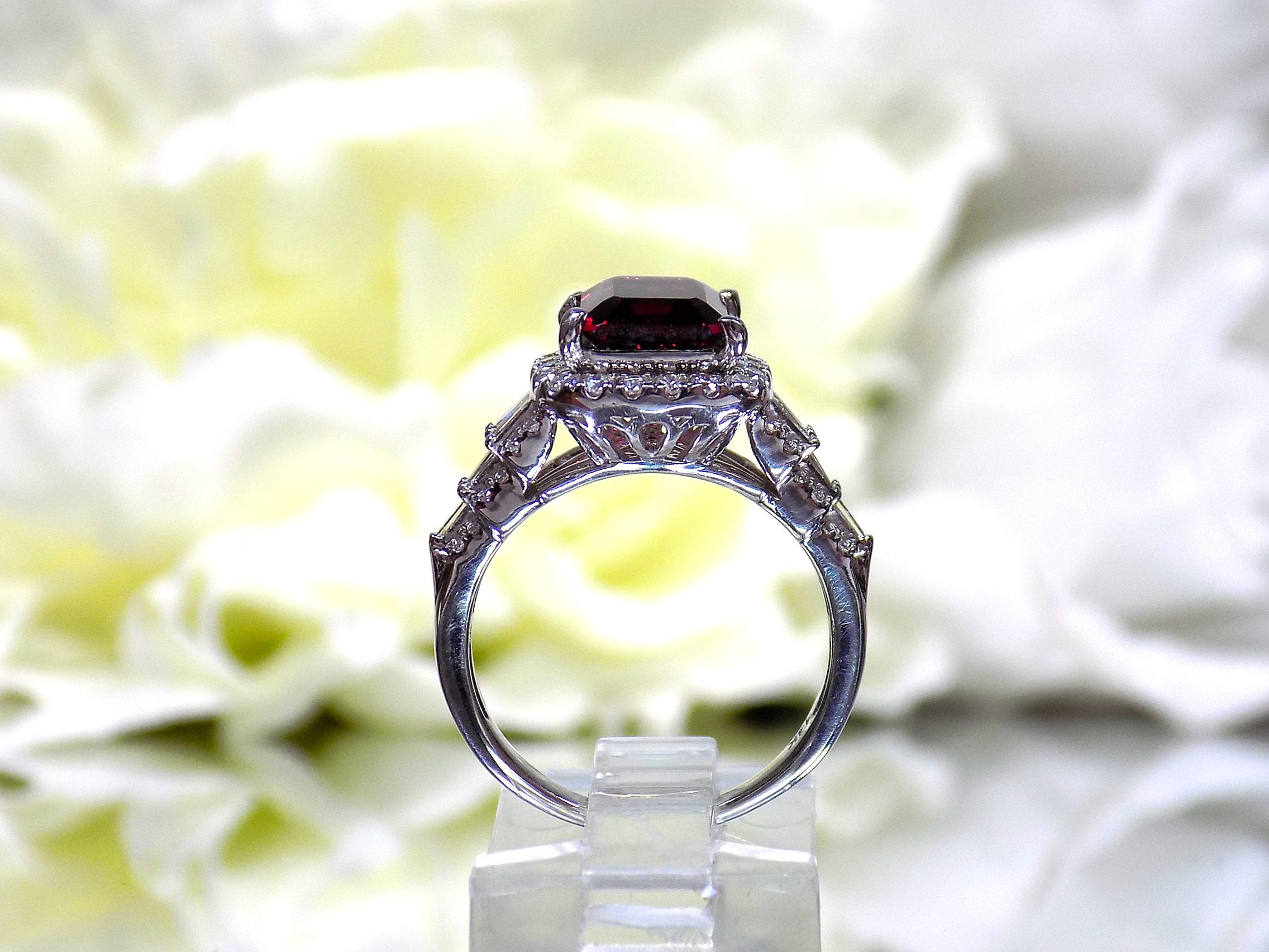 Women's 3.95ct TW Natural Emerald Cut Rhodalite Garnet Ring with Natural Diamond Accents in 14K White Gold