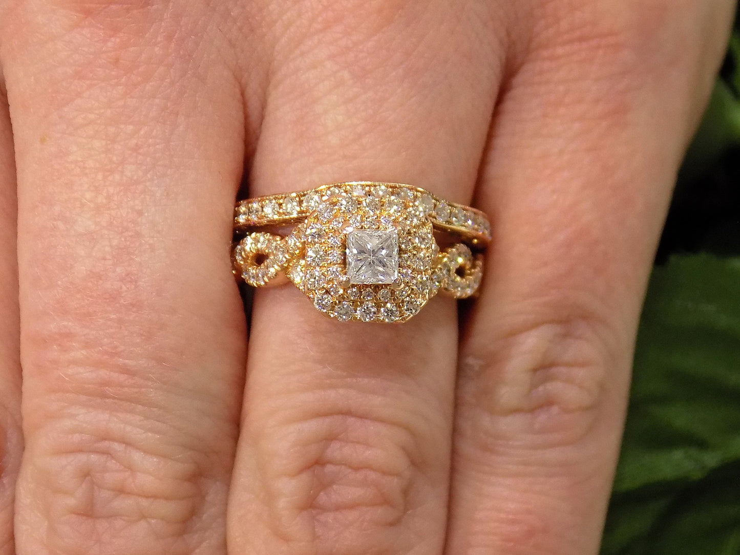 Women 1.25ct TW Double Halo Natural Princess Cut 2-Piece Wedding Set - Engagement Ring + Matching Band in 14K Rose Gold