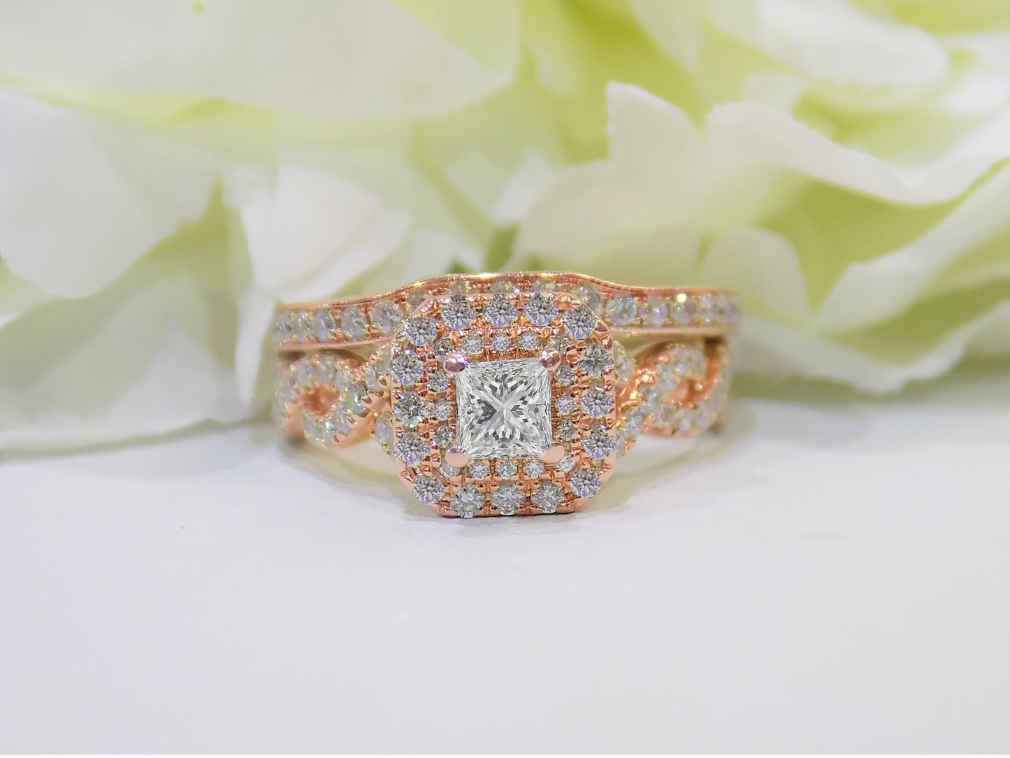Women 1.25ct TW Double Halo Natural Princess Cut 2-Piece Wedding Set - Engagement Ring + Matching Band in 14K Rose Gold