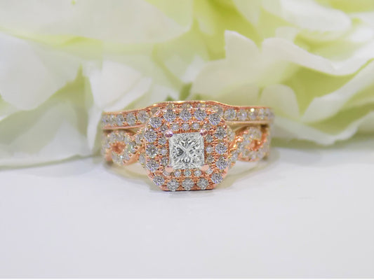 Women 1.25ct TW Double Halo Natural Princess Cut 2-Piece Wedding Set - Engagement Ring + Matching Band in 14K Rose Gold