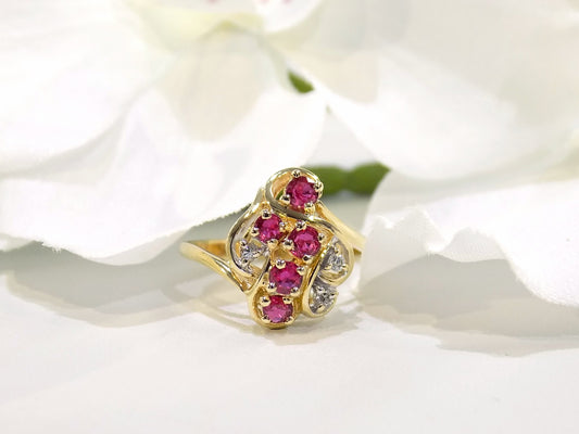 Women's .50ct TW Genuine Ruby & Diamond Cluster Ring in 14K Yellow Gold - All Natural Stones