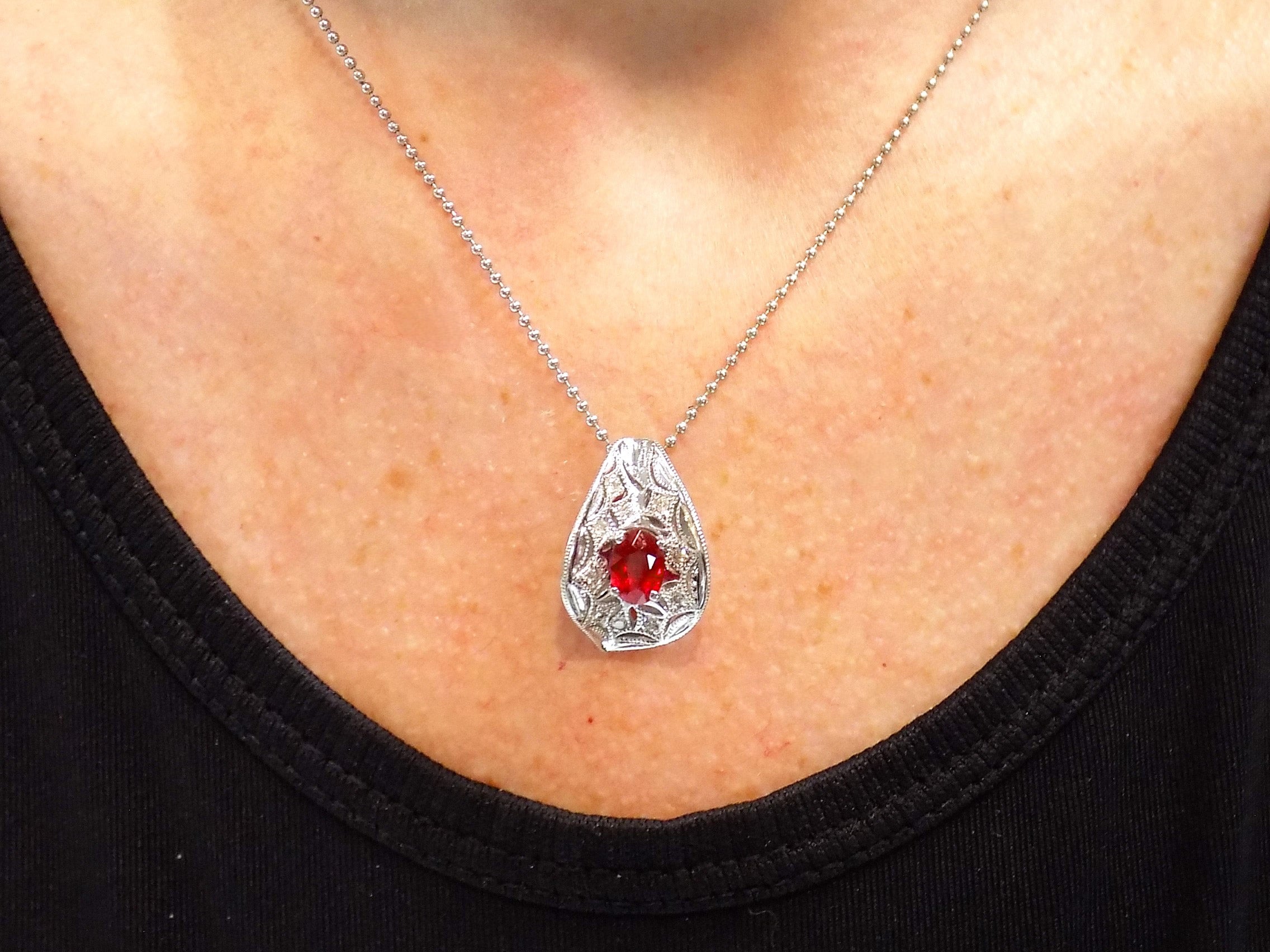 Vintage 1.20ct TW Natural Oval Shape High-End Ruby & Diamond Pendant / Necklace in Platinum 16" - New Condition