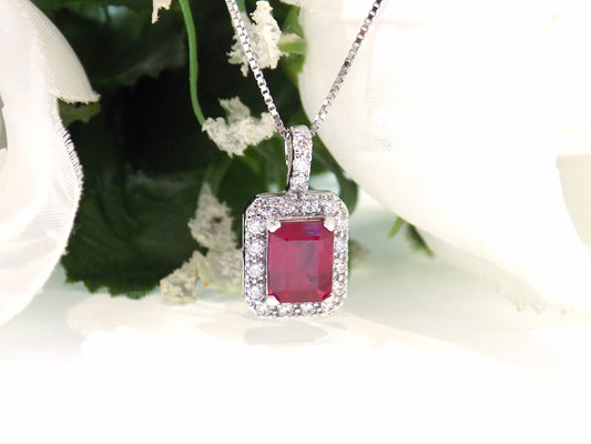 Women's 5.21ct TW Halo Style Natural Emerald Cut Ruby & Diamond Pendant or Necklace in 14K White Gold - Chain Not Included