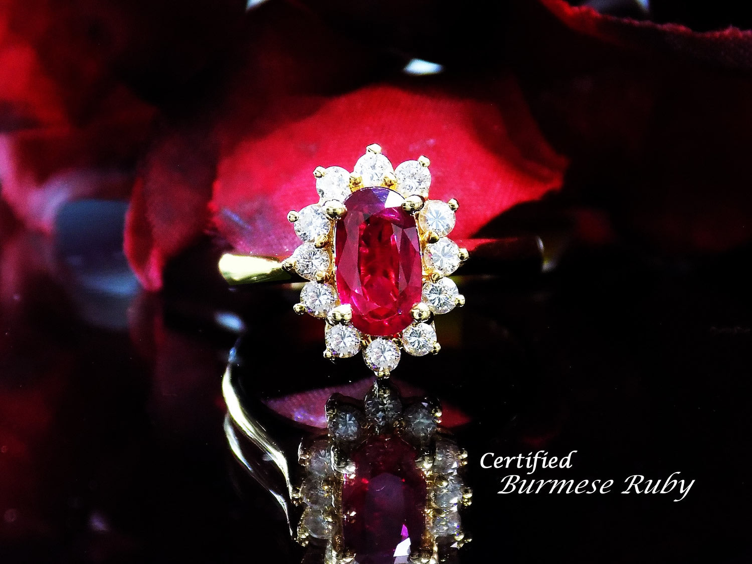 1.46ct Natural & Genuine Oval Burmese Ruby & Diamond Ring in 18K Yellow Gold - GIA Certified Natural Burmese