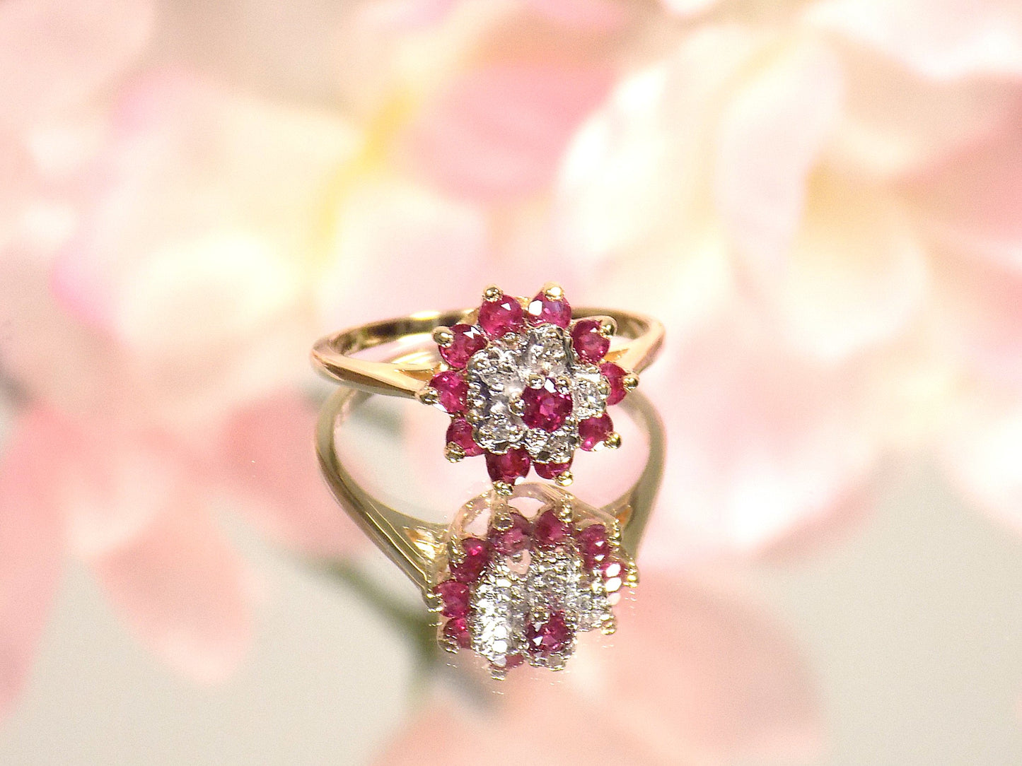 .50ct TW Estate Genuine Ruby & Diamond Estate Ring in 14K Yellow Gold - Cluster or Cocktail Ring, Like New Condition