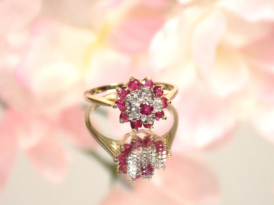 .50ct TW Estate Genuine Ruby & Diamond Estate Ring in 14K Yellow Gold - Cluster or Cocktail Ring, Like New Condition