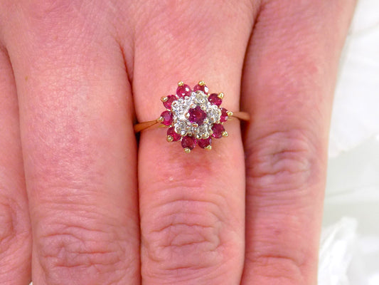 .50ct TW Estate Genuine Ruby & Diamond Estate Ring in 14K Yellow Gold - Cluster or Cocktail Ring, Like New Condition