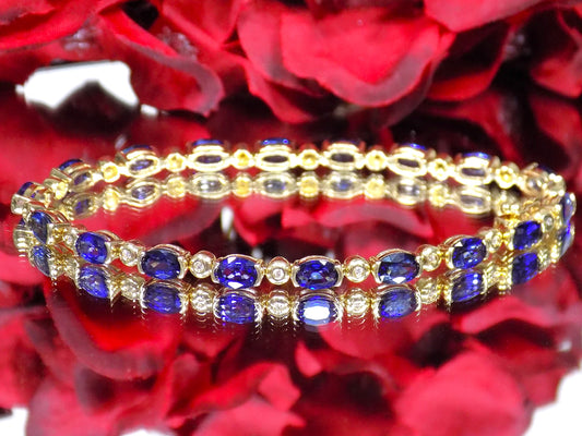 Women's 10.0ct TW Genuine Natural Blue Sapphire & Diamond Bracelet in Solid 14K Yellow Gold 7"