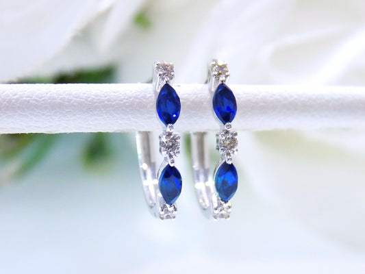 Women's .33ct TW Natural Marquise Shape Sapphire & Diamond Hoop Earrings in 14K White Gold
