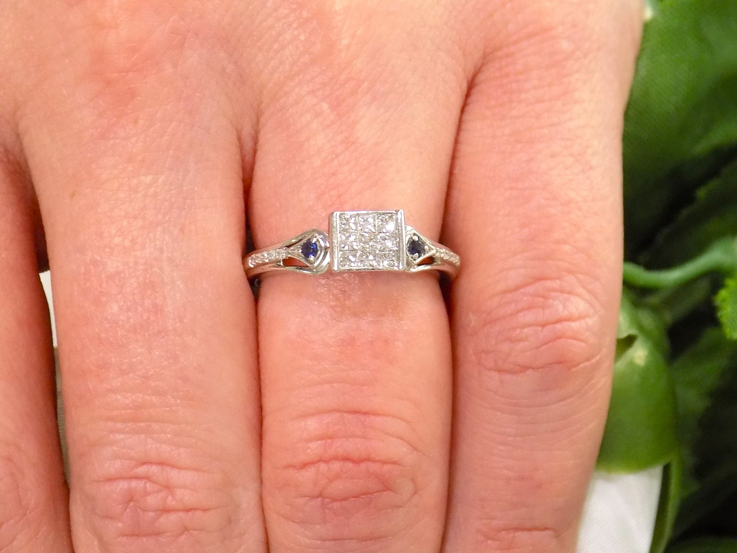 Women's Square Shape .33ct TW Natural Princess Cut Diamond Ring or Promise Ring with Blue Sapphire Accents in 10K White Gold