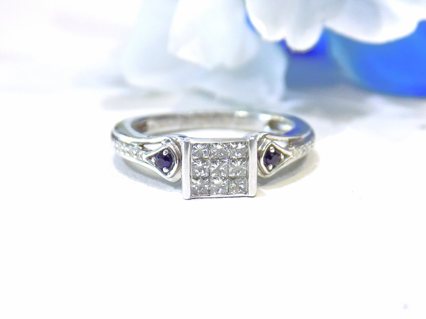 Women's Square Shape .33ct TW Natural Princess Cut Diamond Ring or Promise Ring with Blue Sapphire Accents in 10K White Gold