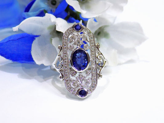 Women's 1.44ct TW Victorian Style Natural Oval Shape Blue Sapphire Ring with Natural Diamond Accents in 14K White Gold