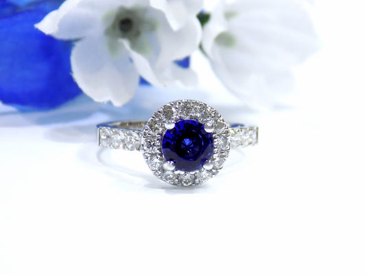 NEW Halo Style Very Fine 1.93ct Natural Round Blue Sapphire & Diamond Ring in 14K White Gold